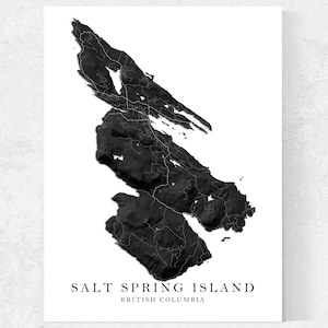 Affiche impression carte de l'île Salt Spring, paysage topographique noir et blanc estampes des îles canadiennes, art mural Saltspring, cartes Ganges Vésuve
