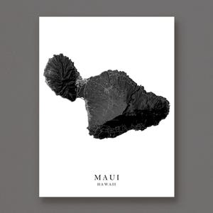 マウイ島の地形図プリント、白黒ハワイ島アートポスター