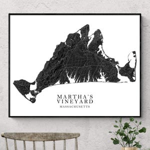 Marthas Vineyard Map Print Poster, schwarz-weiße topographische Karte von Martha Vineyard Island Massachusetts, The Vineyard, Edgartown Tisbury