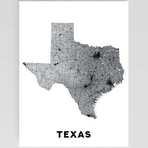 Affiche imprimée d'art mural carte du Texas avec aménagement paysager topographique et routes principales, cartes des États-Unis