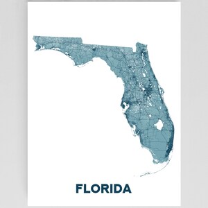 Affiche imprimée d'art mural de l'État de Floride avec aménagement paysager, cartes routières topographiques de Floride