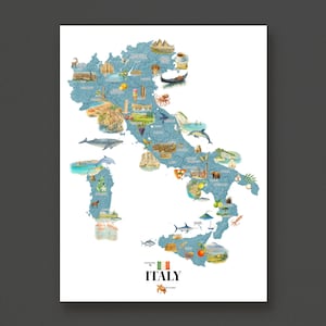 May include: An illustrated map of Italy, featuring various landmarks and icons. The map is in shades of blue and includes drawings of landmarks, food, and marine life. The word "ITALY" is printed at the bottom of the map.