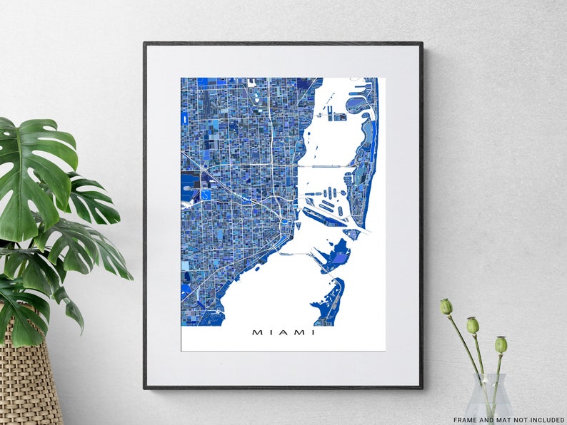 Miami Map Art Print, Blue Geometric Miami Wall Art Poster, Florida City Street Maps for Home Decor image 1