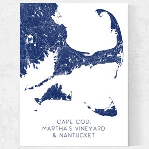 Cape Cod Karte von Cape Cod Kunstdruck, Nantucket Druck, Marthas Vineyard Karte Poster, Strand Dekor, Blaue Neu England Insel Wand Kunst Poster