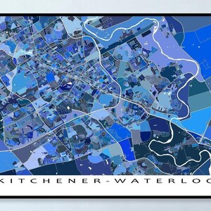 Kitchener Waterloo Map Art Print and Blue Geometric Kitchener-Waterloo Ontario Canada City Street Maps