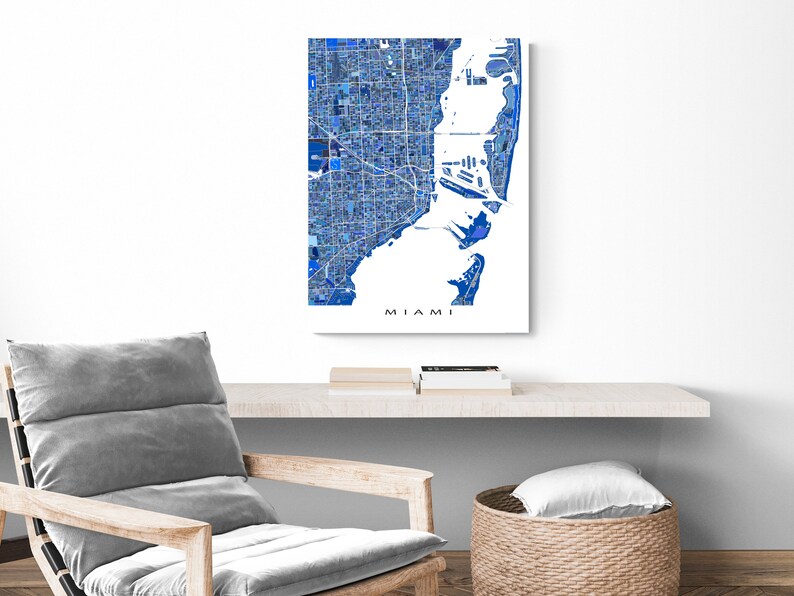 Miami, Florida city map print with a blue geometric design by Maps As Art.