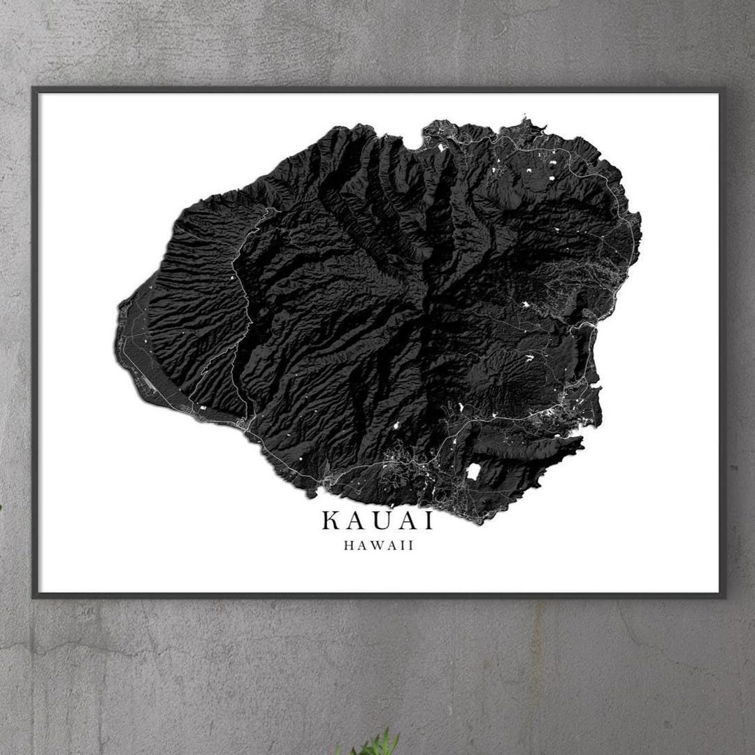 Kauai Art Print Poster, Kauai Hawaii Map Prints, Black and White ...