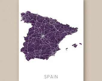 Spain Map of Spain Art Print, Custom 3D Topographic Landscape Espana Wall Art Poster Maps, Madrid Barcelona Seville Ibiza Mallorca Europe