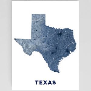 Affiche imprimée d'art mural du Texas avec aménagement paysager topographique, routes principales, cartes de l'état du Texas