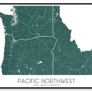 Pazifischer Nordwesten, Karte, Wand Kunst Druck Poster, Washington, Idaho, Oregon Bundesstaat, Topographisches Terrain State Maps, PNW Nordwestküste der USA