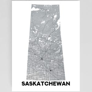 Affiche imprimée d'art mural de carte topographique de la Saskatchewan avec les routes principales, cartes des provinces du Canada