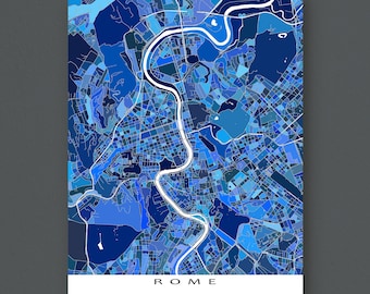 Rome Italy Map Print, Blue Geometric Abstract Street Wall Art Poster, Vatican City