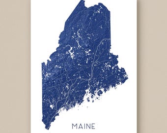 Maine Wall Art Print and Maine Map Poster for Landscape ME State Prints and Maine Art Posters with Roads