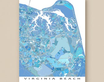 May include: A detailed map of Virginia Beach, rendered in shades of blue, from light to dark. The map shows the city's layout, including roads, waterways, and land areas. The text "VIRGINIA BEACH" is printed in white at the bottom.