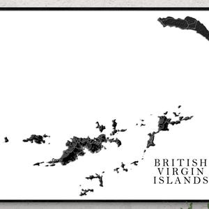 Affiche imprimée de carte des îles Vierges britanniques, carte topographique noir et blanc des îles Vierges britanniques, impressions d'art mural Tortola Virgin Gorda Anegada Jost Van Dyke