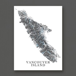 Vancouver Island Topographic Map Print, Black and White Wall Art Poster