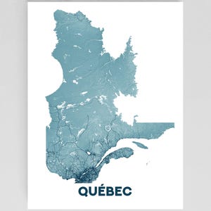 Quebec Canada Map Wall Art Print Poster, Province Map of Quebec with Topographic Landscape Design, Road Maps