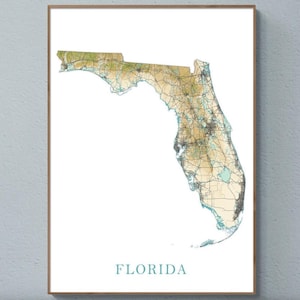 Florida State Map Posters and Prints, Topographic Landscape Terrain Maps, Coastal Decor