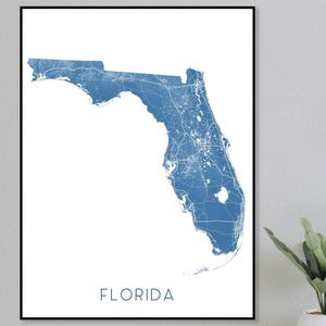 Map of Florida Map Print, Florida Prints, Florida State Map for Wall Art Decor, Blue Topographic FL State Maps