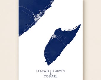 May include: A minimalist art print featuring a navy blue map of Playa del Carmen and Cozumel on a white background. The print includes detailed outlines of the landmasses and the text "PLAYA DEL CARMEN & COZUMEL" in a simple font.