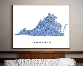 Virginia Map Print Poster, Virginia State Art, VA Wall Decor, Blue Geometric Virginia Wall Art Road Maps, Norfolk