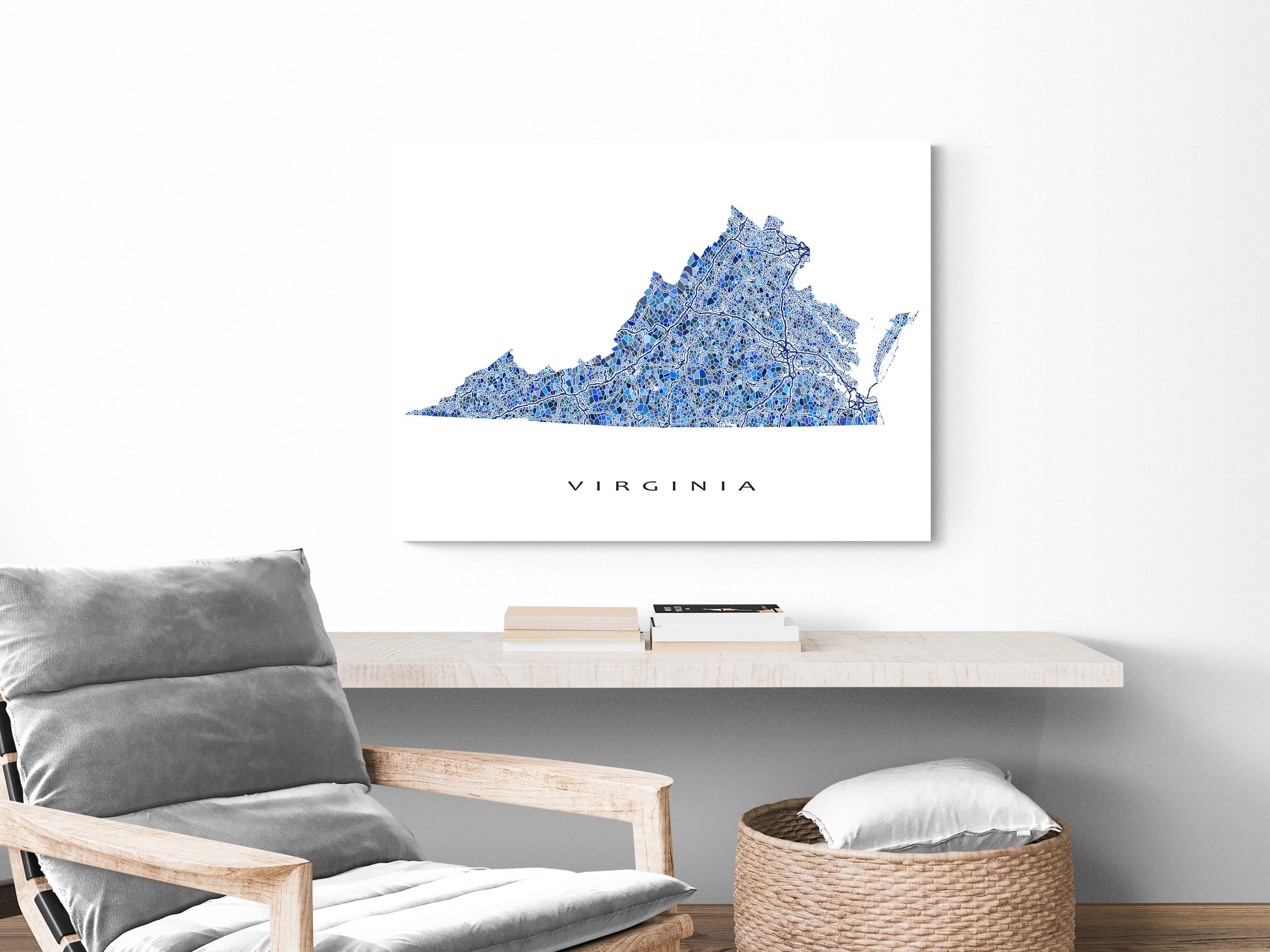 Virginia Map Print Virginia State Art VA Wall Decor Blue | Etsy
