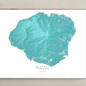 Impressions d'art de Kauai, carte de Kauai de Kauai Cartes de l'île de Kauai à Hawaï, impression de Kauai turquoise, îles Hawaï, cadeaux Kauai