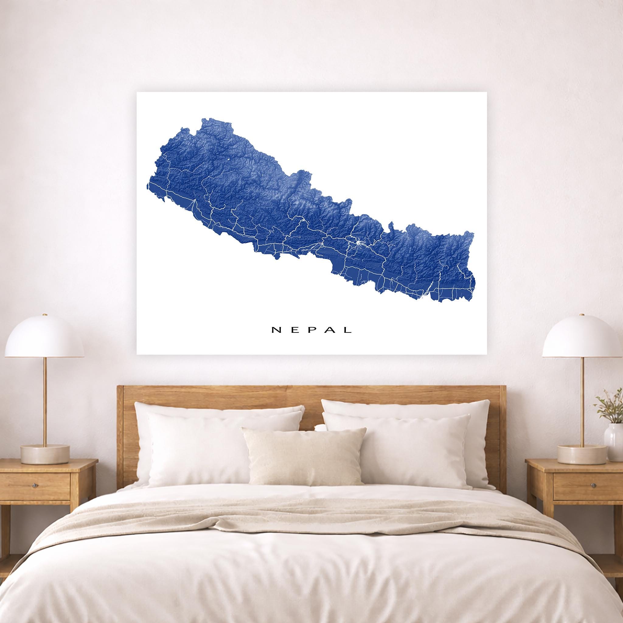 Nepal Map Print Poster, 3D Landscape Terrain Topographic Road Maps