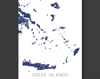 Greek Islands Map Print, Blue Aegean Wall Art Poster