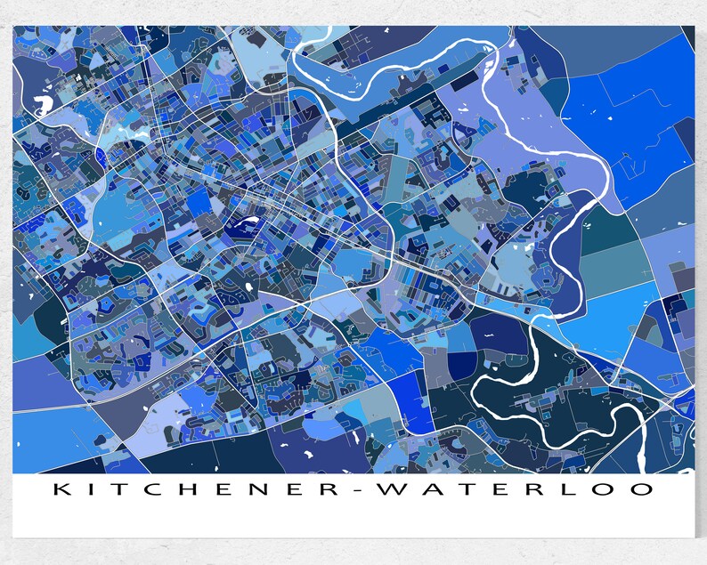 Kitchener Waterloo Map Art Print and Blue Geometric Etsy