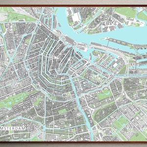Impression d'art carte d'Amsterdam et affiche d'Amsterdam, impression de cartes d'Amsterdam, impressions de carte des rues d'Amsterdam, Pays-Bas, cadeaux de voyage