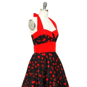 Cherry Red Dress Red Halter Dress Christmas Dress Vintage Dress 50s Retro Rockabilly Pinup Dress Festive Dress Swing Party Dress