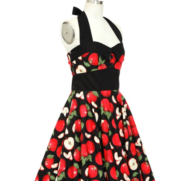 ASHLEY Apple Print Halter Swing Dress – 1950s Rockabilly Cotton Retro