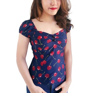 Blue Cherry Top Women Blouse Cherries Print Fruit Pinup Top Vintage Top Retro Top 50s Top Pin Up Rockabilly Clothing Summer Top Party Top