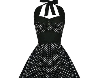 Schwarzes Neckholderkleid in Übergröße mit Polka-Dots: Vintage-Rockabilly-Stil, schwingendes Partykleid
