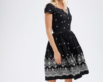 Plus Size Black Swing Dress: 50s Retro Party Dress, Handmade