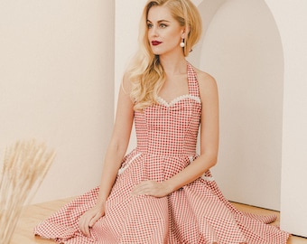 Red Gingham Halter Dress, Vintage 50s Rockabilly Style