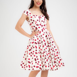 White Cherry Dress Red Cherries Vintage Dress Pin Up Dress Summer Dress Swing Dress Party Dress Holiday Dress 50s Dress Rockabilly Dress