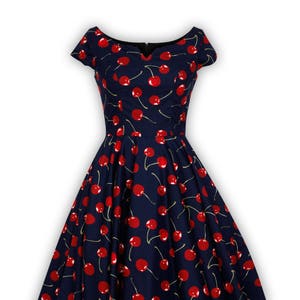 Navy Cherry Dress Red Cherries Retro Dress 50s Dress Summer Dress Holiday Dress Vintage Dress V Neck Dress Pin Up Dress Swing Dress Dress