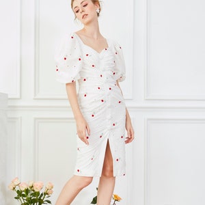 White Eyelet Embroidery Dress Red Rose Cotton Dress Women Summer Dress Elegant Dress Prom Dress Cocktail Dress Party Dress Evening Dress