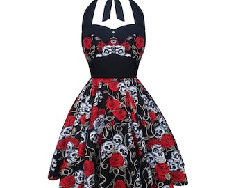 Sugar Skull Kleid Halloween Kleid Tag der Toten Kleid Party Kleid Schwarz Steampunk Kleid Rockabilly Gothic Kleid Pin Up Kleid Swing Kleid