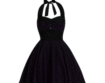 Schwarzes, lila gepunktetes Swingkleid in Übergröße – Vintage-Gothic-Rockabilly-Neckholderkleid