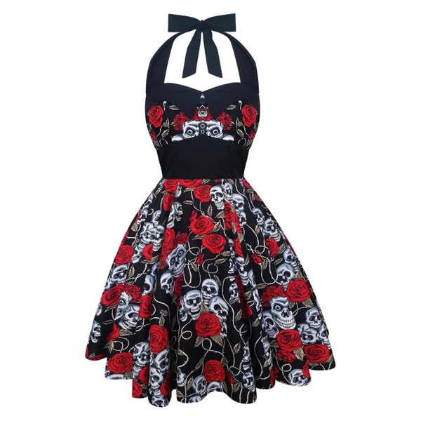 Sugar Skull Dress Halloween Dress Day Of The Dead Dress Party Dress Black Steampunk Dress Rockabilly Gothic Dress Pin Up Dress Swing Dress