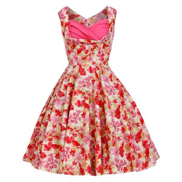 Handmade 1950s Floral Swing Dress: Red Cotton Blend, Sweetheart Neckline