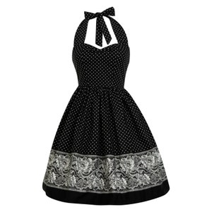 May include: A black halter-style dress featuring a white polka dot pattern throughout the bodice and skirt. The hemline is accented with a wide, intricate white floral lace border, and the neckline includes a tie closure at the back of the neck.