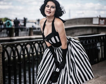 Halloween Dress Black White Stripe Dress Beetlejuice Outfit Gothic Costume Rockabilly Dress PinUp Dress Swing Dress Women Summer Party Dress