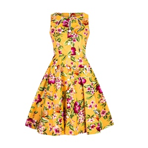 Hawaiian Dress Floral Dress Sundress Pin up Dress Rockabilly Dress 1950s Dress Women Swing Dress Yellow Dress Summer Dress Tropical Flower