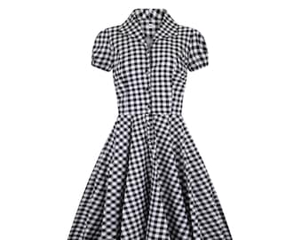 Zwarte katoenen swingjurk met ruitjespatroon uit de jaren 50: retro midi-jurk met ruitjes.