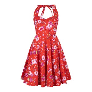 Women Summer Dress Red Bridesmaid Dress Red Rose Flower Girl Dress Vintage Dress 70s Dress Pin up Dress 1950s Dress Retro Dress Swing Dress