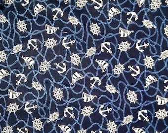 Nautical Anchor Fabric – 100% Cotton Sailor Print, Blue & White, By The Yard